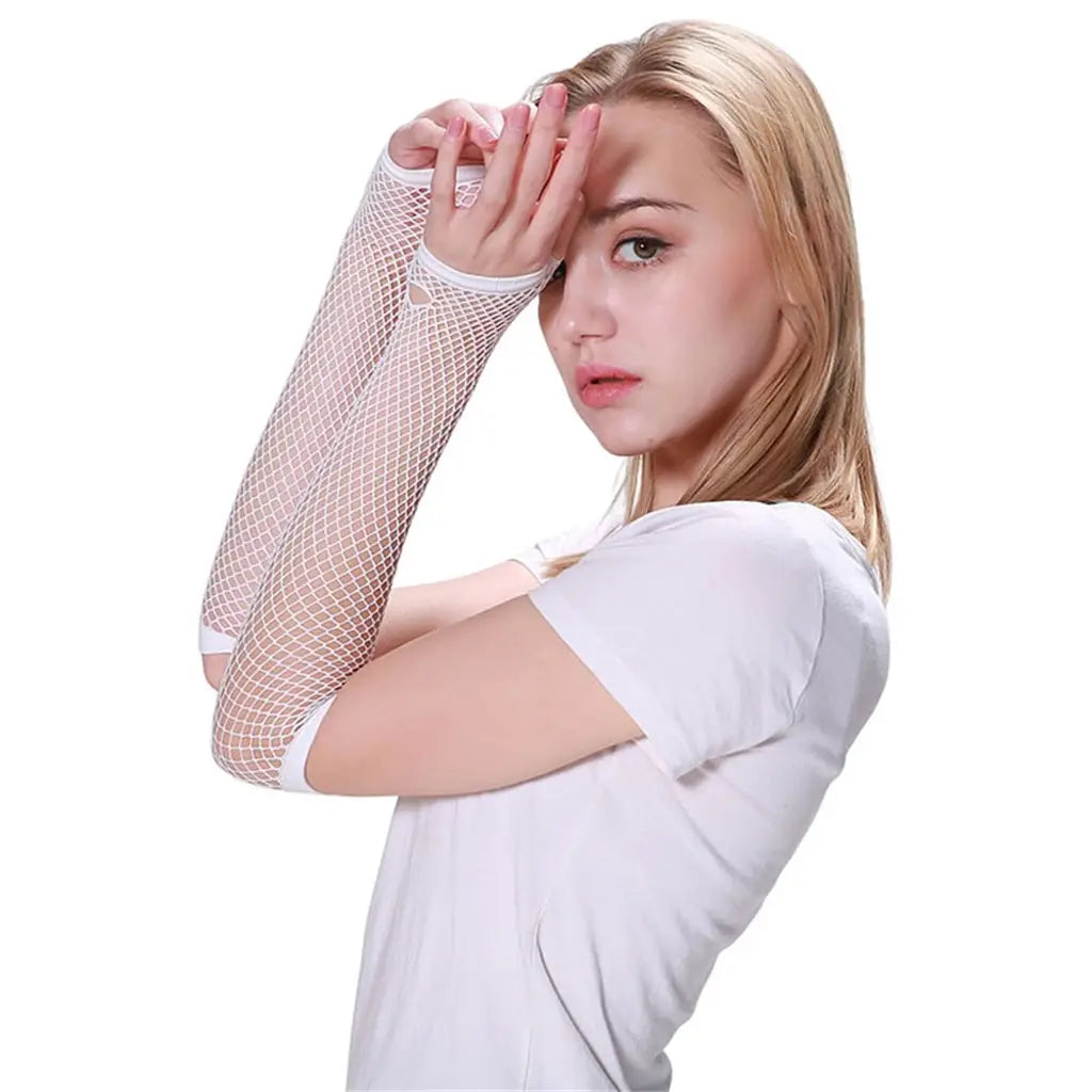 Party Planet White Long Fingerless Fishnet Gloves A136799