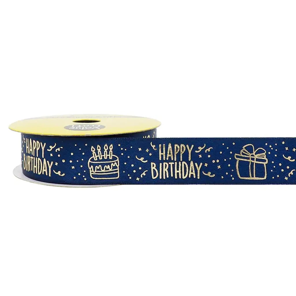 Ribbon Satin Gold Happy Birthday Navy 22mmX3m VCRHBN22