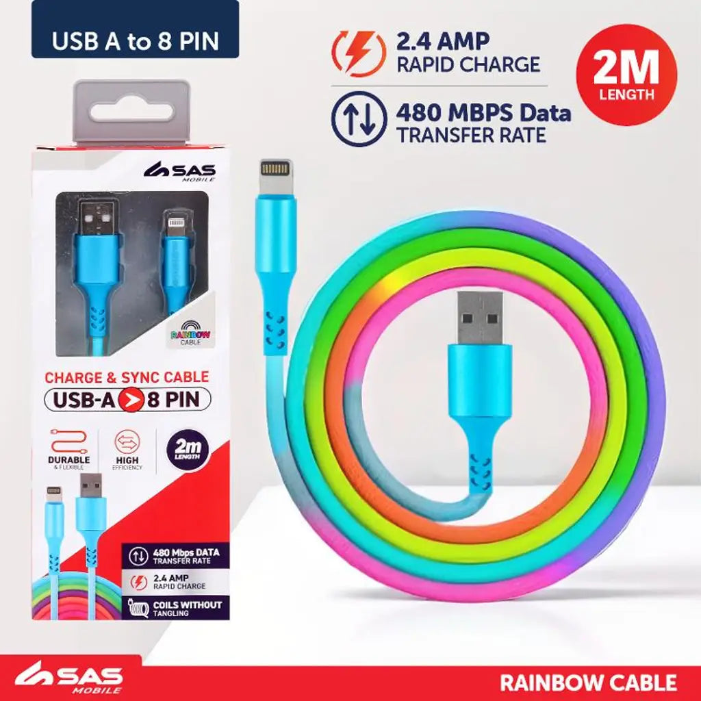 SAS Charge & Sync USB A to 8 Pin Rainbow Polyester Cable 2m 277858