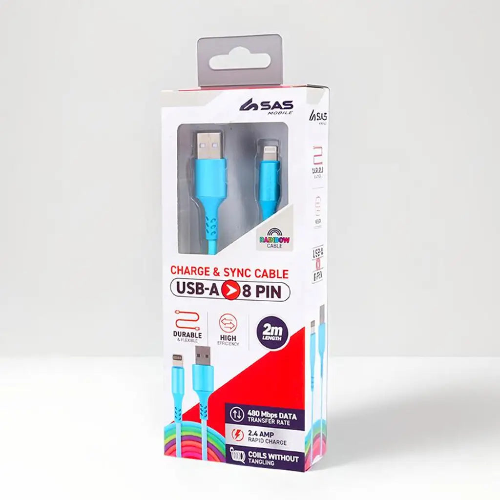 SAS Charge & Sync USB A to 8 Pin Rainbow Polyester Cable 2m 277858