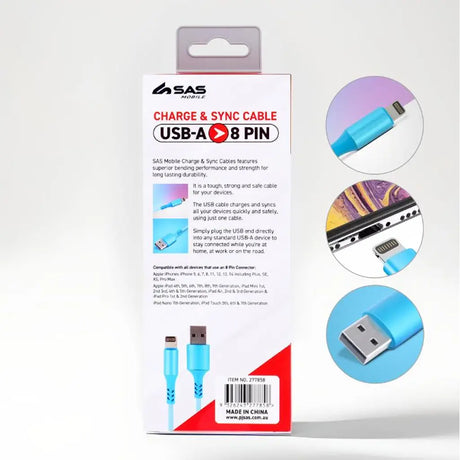 SAS Charge & Sync USB A to 8 Pin Rainbow Polyester Cable 2m 277858