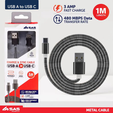 SAS Charge & Sync USB A to Type C Metal Cable Assorted 1m 277841