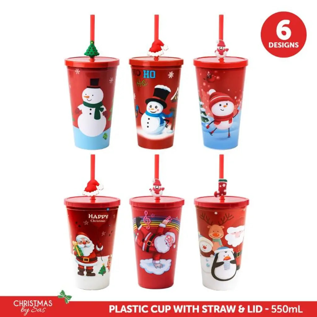 SAS Cup With Straw & Lid Plastic Christmas 550ml 223411