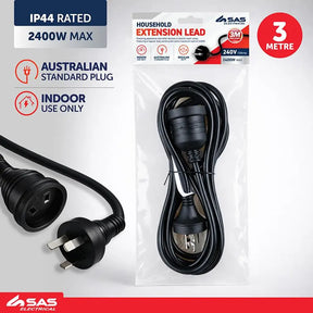 SAS Extension Lead Black 240V 10A Max Load 2400W 3m 274383