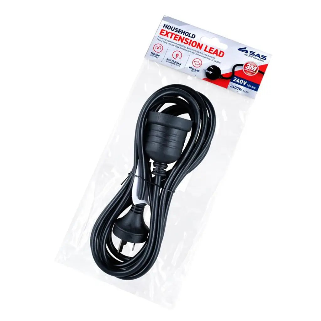 SAS Extension Lead Black 240V 10A Max Load 2400W 3m 274383
