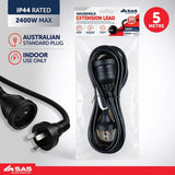 SAS Extension Lead Black 240V 10A Max Load 2400W 5m 274369
