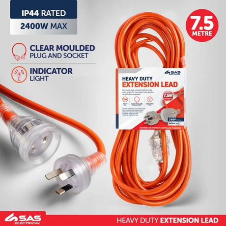 SAS Extension Lead Heavy Duty 10 Amp Indicator Safety Light 7.5m 286133