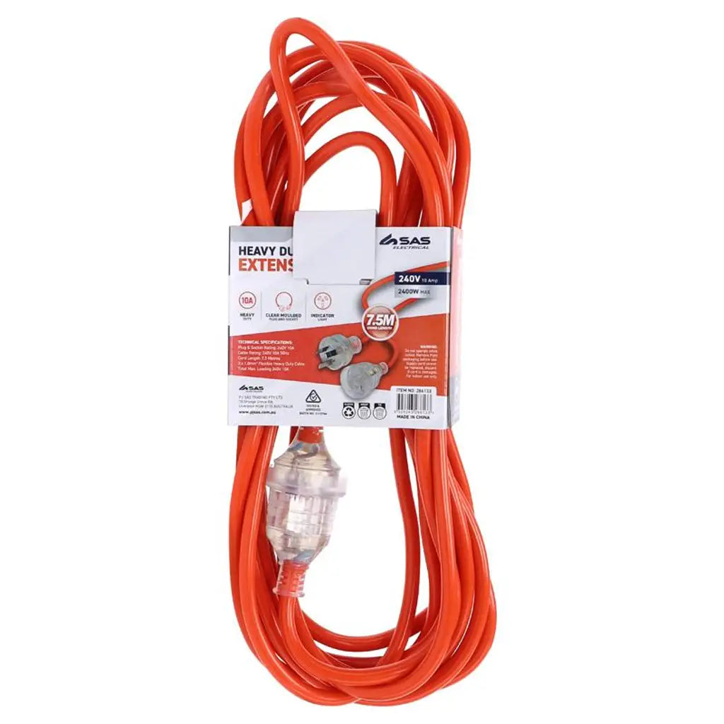 SAS Extension Lead Heavy Duty 10 Amp Indicator Safety Light 7.5m 286133