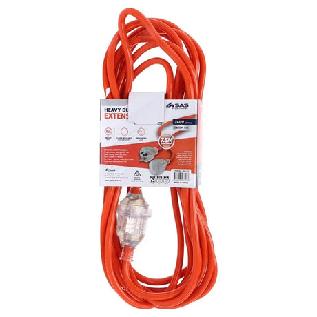 SAS Extension Lead Heavy Duty 10 Amp Indicator Safety Light 7.5m 286133