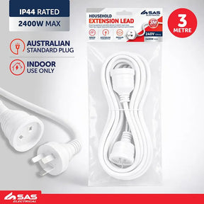SAS Extension Lead White 240V 10A Max Load 2400W 3m 76796