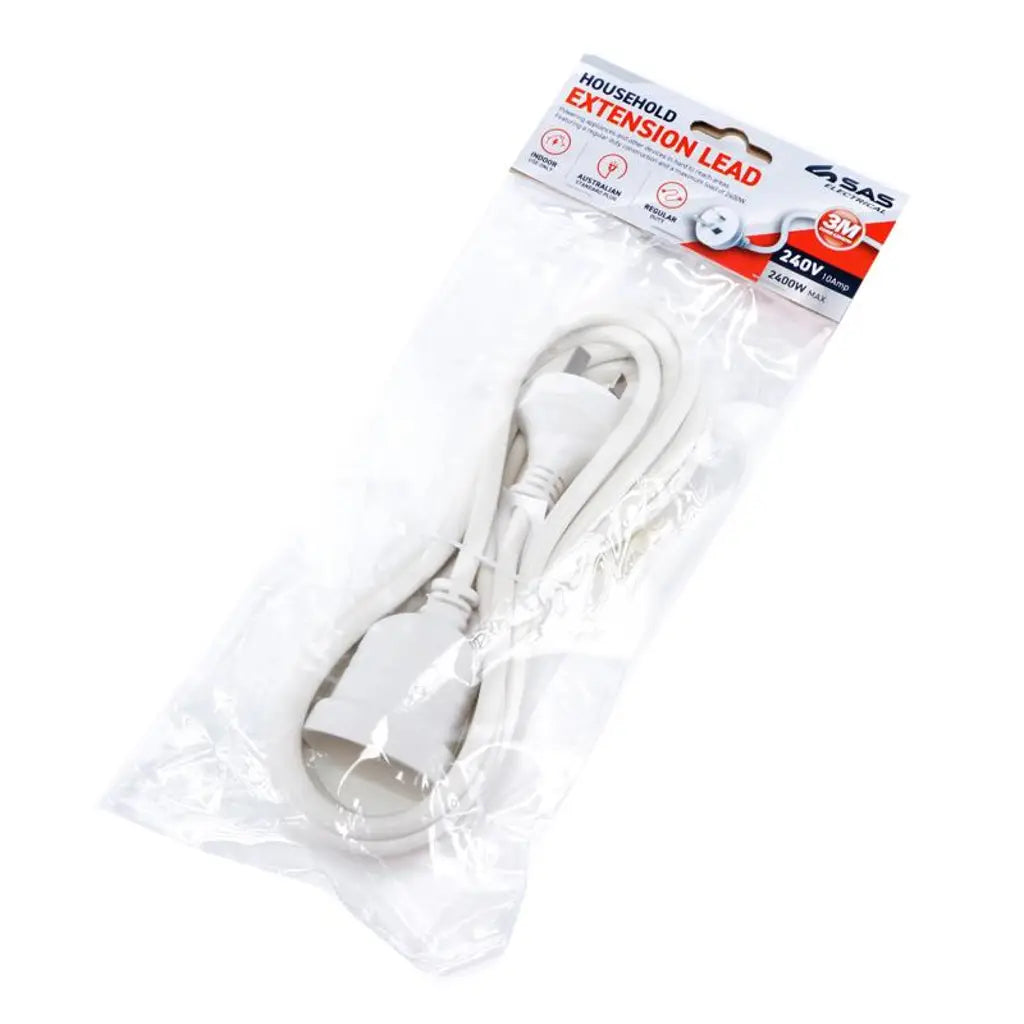 SAS Extension Lead White 240V 10A Max Load 2400W 3m 76796