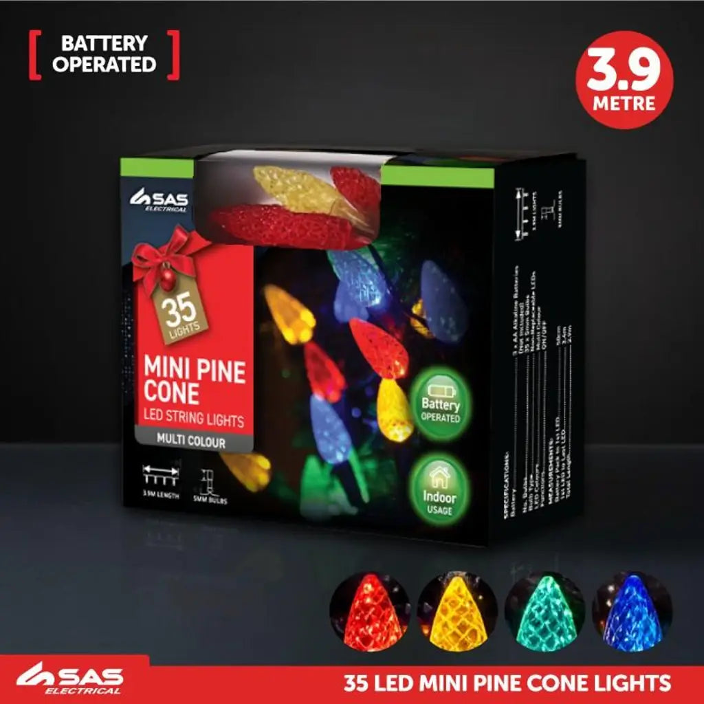 SAS Fairy String Light Battery Operated Ornament Cone 35LED Multi Colour 4.3m 223657