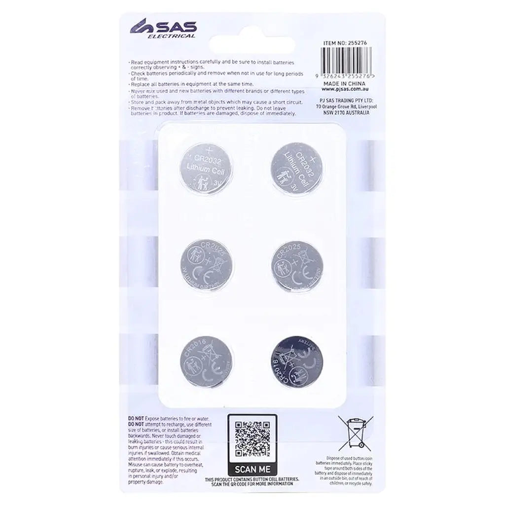 SAS Lithium Button Coin Battery Assorted Sizes CR2032 CR2025 CR2016 3V 6Pk 255276