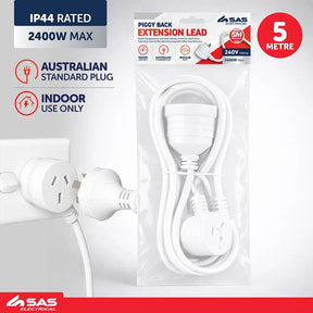 SAS Piggy Back Extension Lead White 240V 10A Max Load 2400W 5m 272587