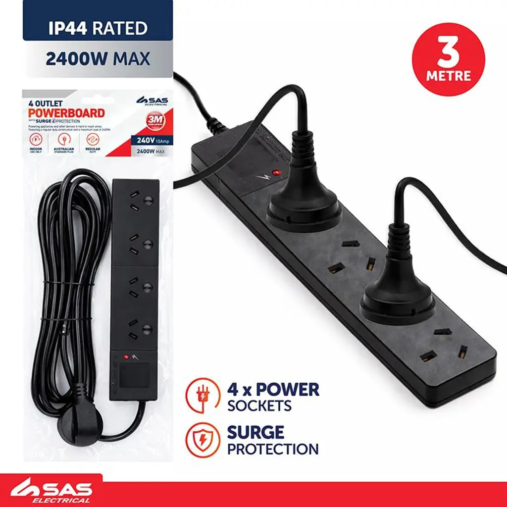 SAS Power Board 4 Outlets With Overload Protection Black 240V 10A Max Load 2400W 3m 274444