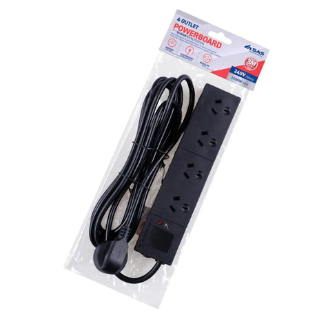 SAS Power Board 4 Outlets With Overload Protection Black 240V 10A Max Load 2400W 3m 274444