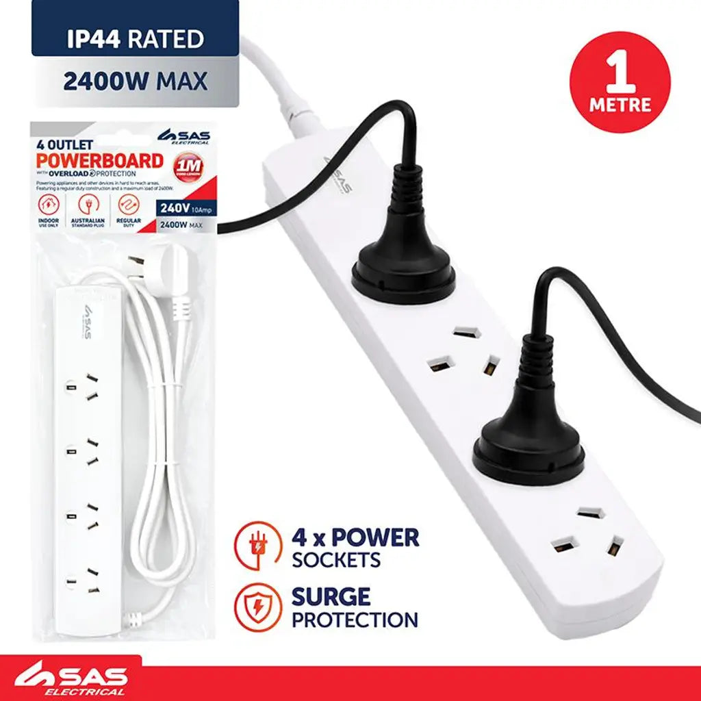 SAS Power Board 4 Outlets With Overload Protection White 240V 10A Max Load 2400W 1m 76802