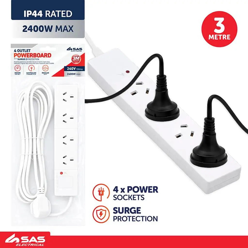 SAS Power Board 4 Outlets With Overload Protection White 240V 10A Max Load 2400W 3m 272600