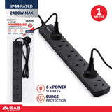 SAS Power Board 6 Outlets With Overload Protection Black 240V 10A Max Load 2400W 1m 274352