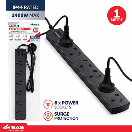 SAS Power Board 6 Outlets With Overload Protection Black 240V 10A Max Load 2400W 1m 274352