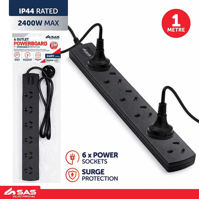 SAS Power Board 6 Outlets With Overload Protection Black 240V 10A Max Load 2400W 1m 274352