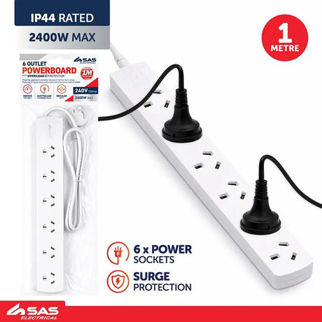 SAS Power Board 6 Outlets With Overload Protection White 240V 10A Max Load 2400W 1m 76819
