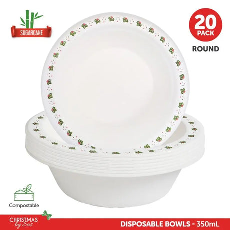 SAS Sugarcane Bagasse Christmas Bowls Round 350ml 20Pk 320448