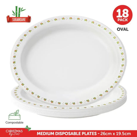 SAS Sugarcane Bagasse Christmas Plates Oval 26x19.5cm 18Pk 320424