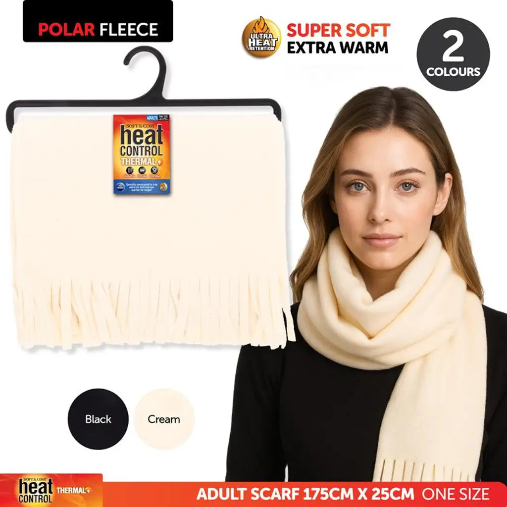 Scarf Adults Heat Control 2ply Polar Fleece 175x25cm Black & Cream 289158