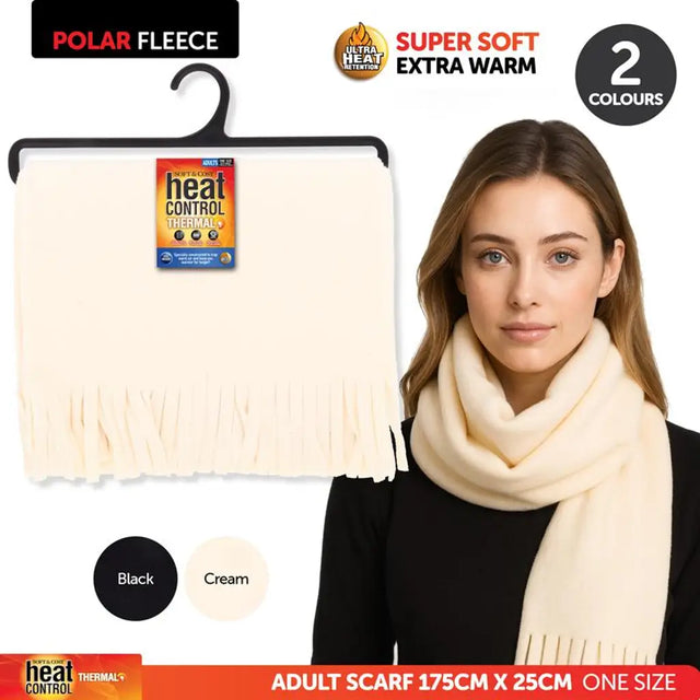 Scarf Adults Heat Control 2ply Polar Fleece 175x25cm Black & Cream 289158