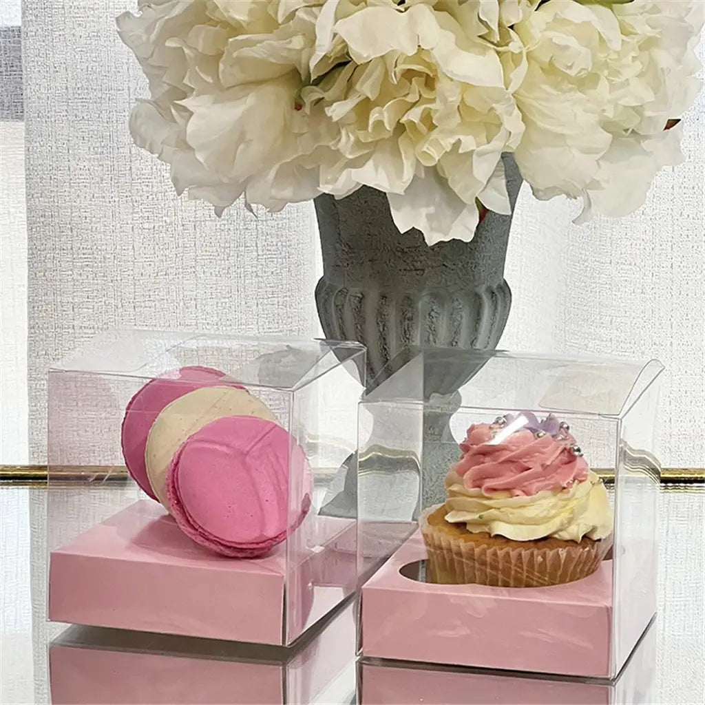 Shmick Pink Clear Cupcake Box With Blue Base 9x9x9cm 4PK SH21461