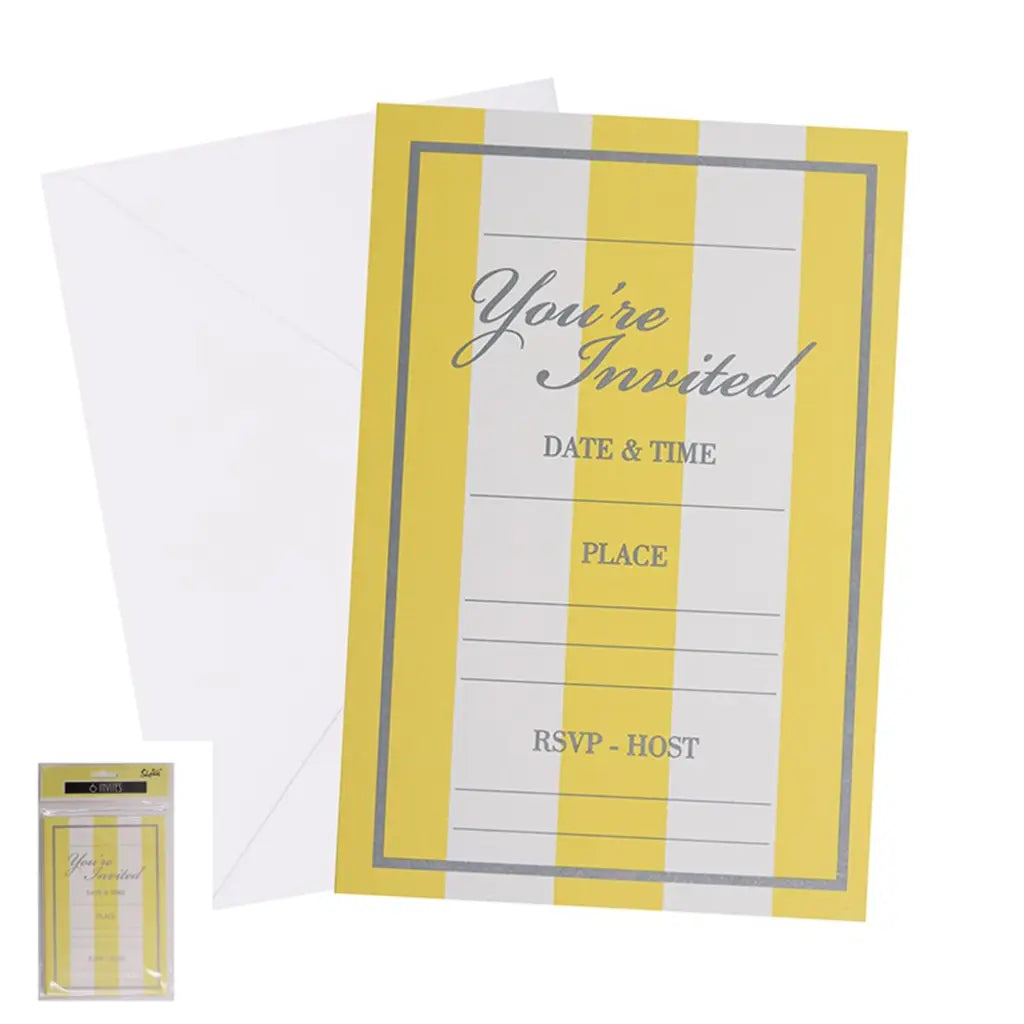 Shmick Yellow Striped Party Invitations And Envelopes 6PK SH22291