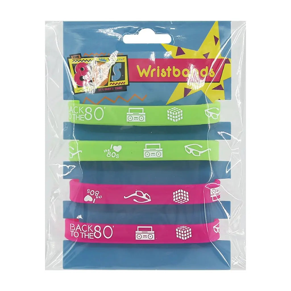 The 80s Assorted Neon Rubber Wristbands 4PK PP89402