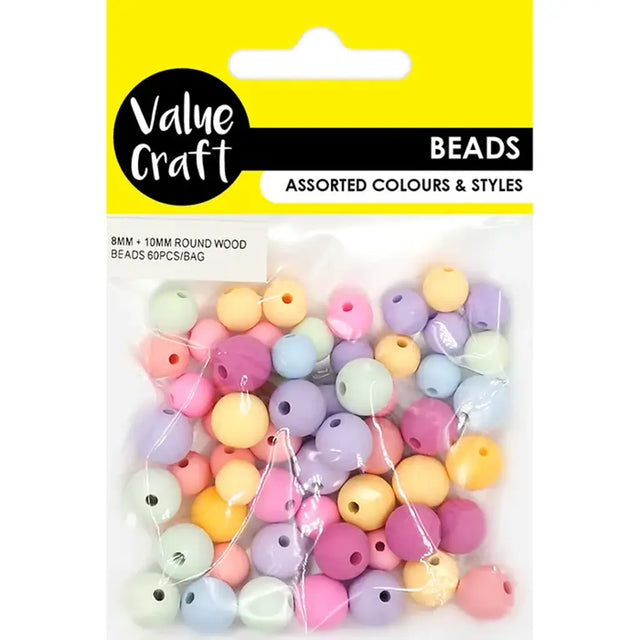 Wood Beads Pastel Round 2 Sizes 60Pk VCWB25