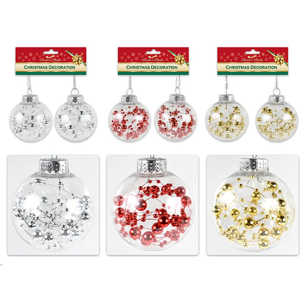 Xmas Ball Clear 2Pk 60mm Beads + String 3 Asst XM35636