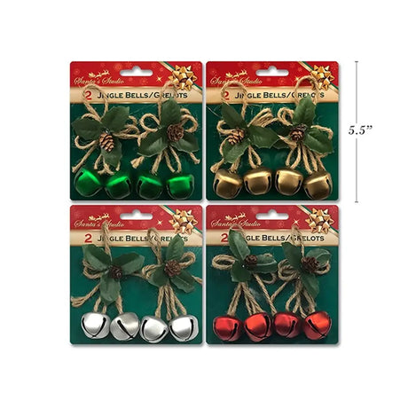 Xmas Bells 2Pk 30mm W/Holly & Cones 4Cols XM22152