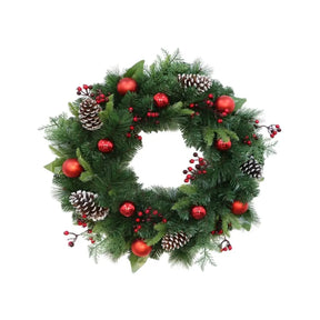 Xmas Wreath 50cm Pe + Pine Needle + Cone + Berries + Baubles 90Tips XM143677