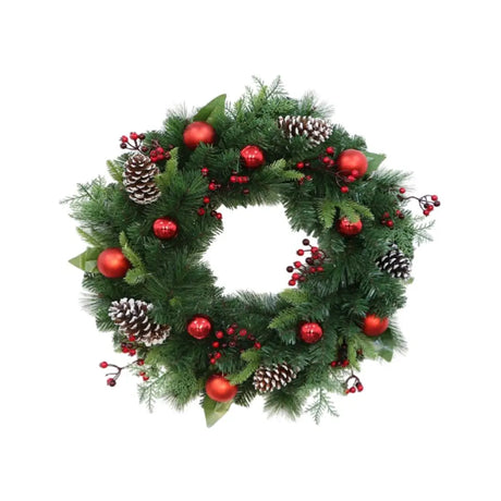 Xmas Wreath 50cm Pe + Pine Needle + Cone + Berries + Baubles 90Tips XM143677