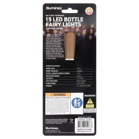 illuminex Battery Operated Bottle Fairy Lights 15LED 1.4M Multi Colour 251667